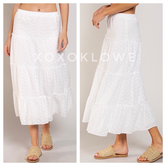 1 LEFT Embroidered Cotton Eyelet Tiered Princess Midi Skirt - Picture 5 of 10